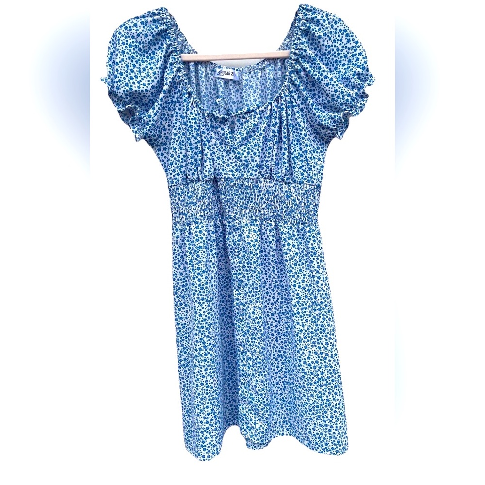 Popular 21 Blue Floral Puffy OTS Dress L